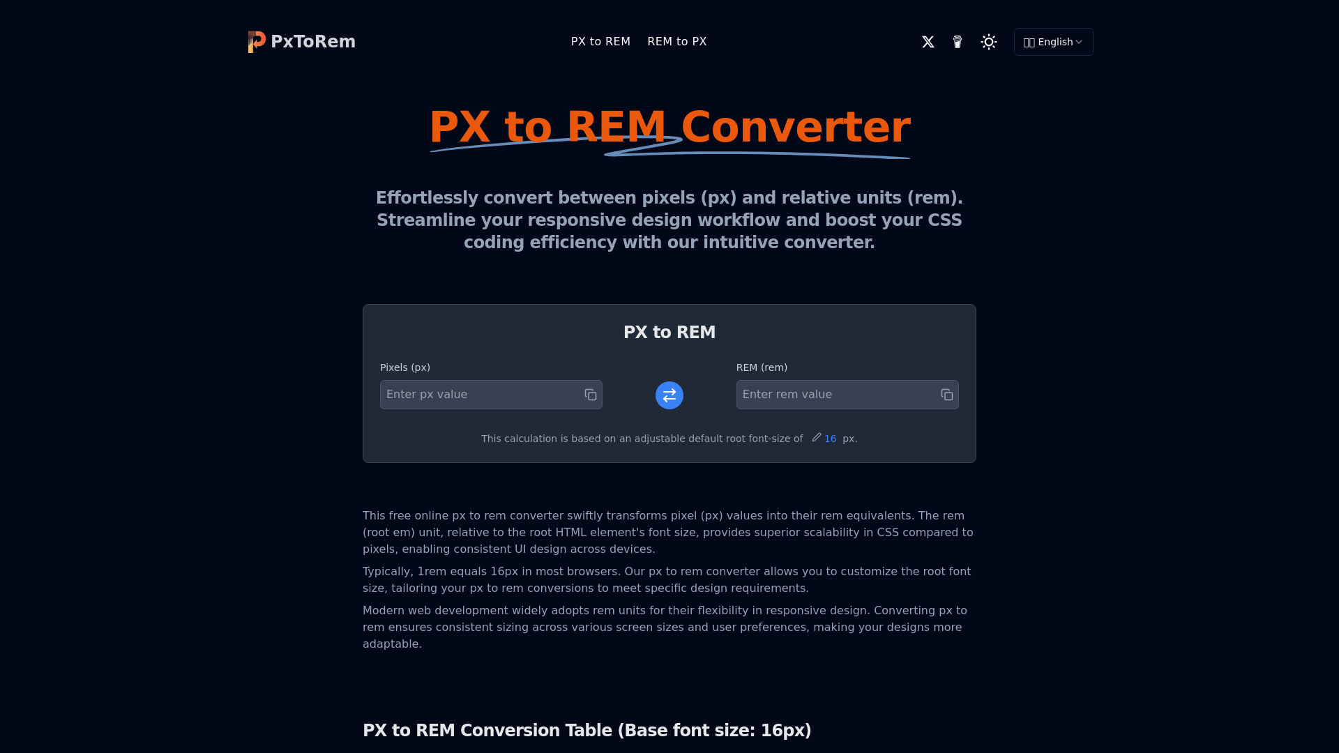 Convertidor de PX a REM