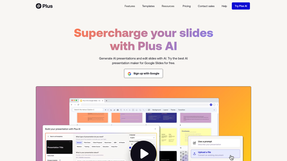 Criador de apresentações de IA gratuito para Google Slides | Plus AI