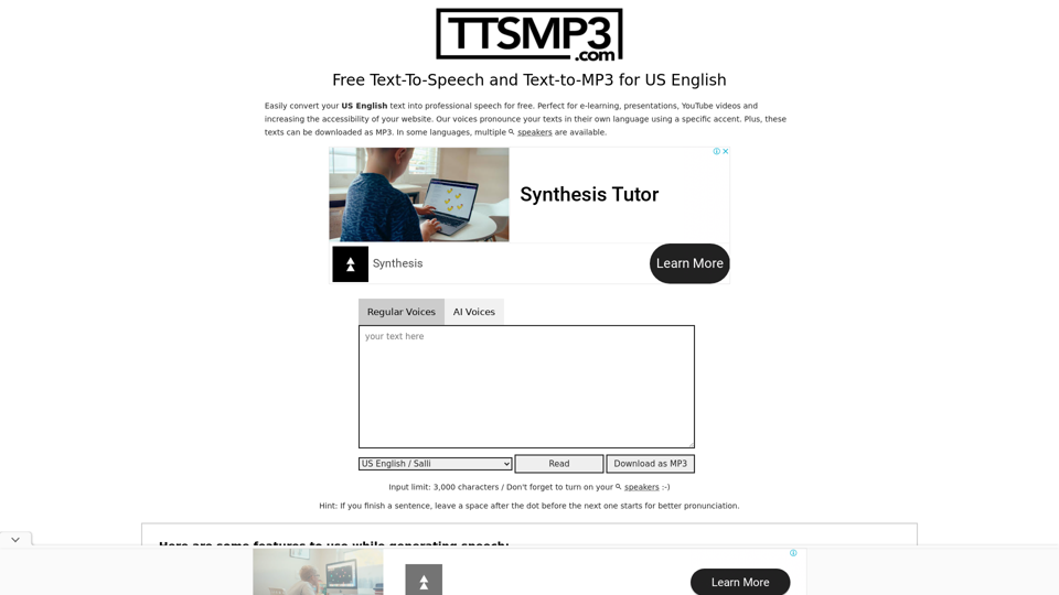 Synthèse vocale gratuite pour plus de 28 langues et téléchargement MP3 | ttsMP3.com