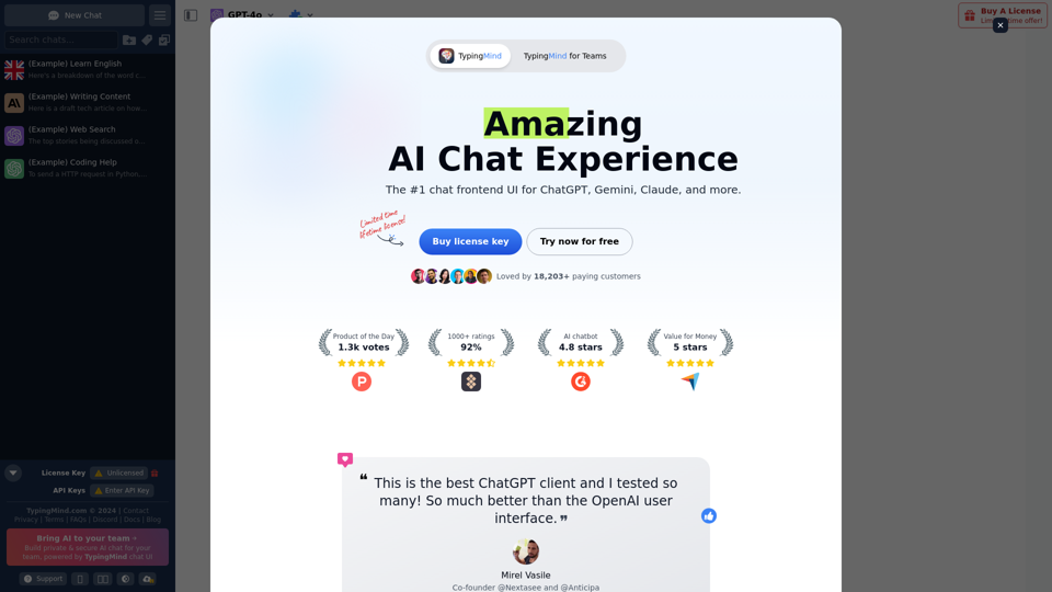 TypingMind - Die #1 Chat-Frontend-Benutzeroberfläche für ChatGPT, Gemini, Claude und mehr.
